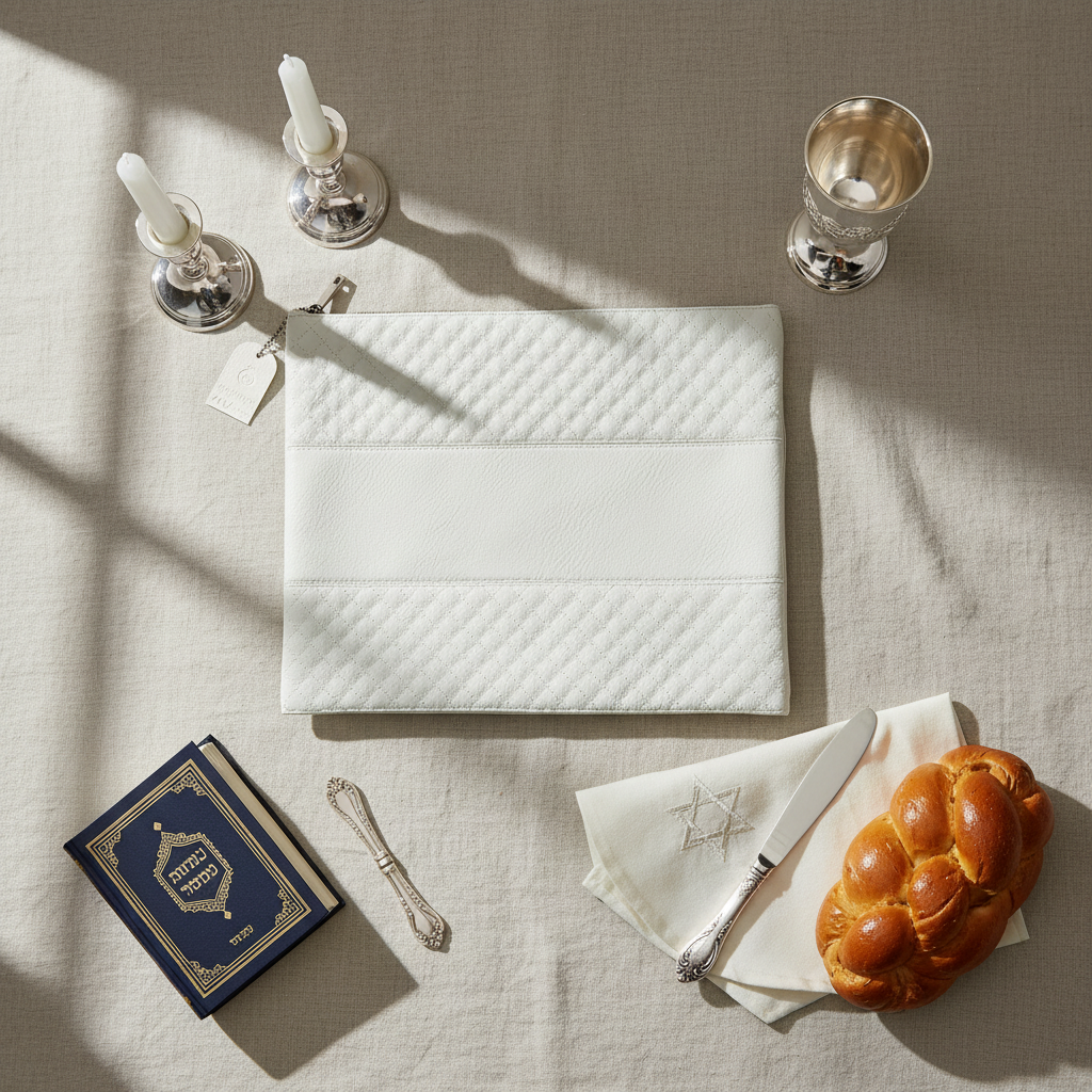 Tallit bag flat lay with Shabbat items