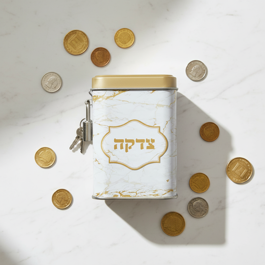 Tzedakah Box Flat Lay with Coins