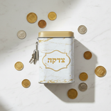 Tzedakah Box Flat Lay with Coins