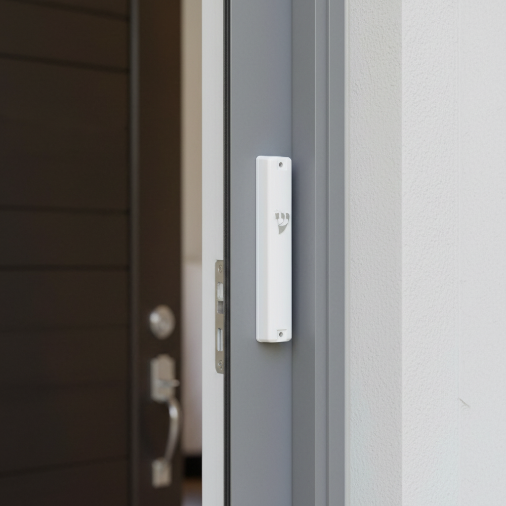 White mezuzah case on doorframe