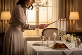 Woman lighting candles with electric lighter