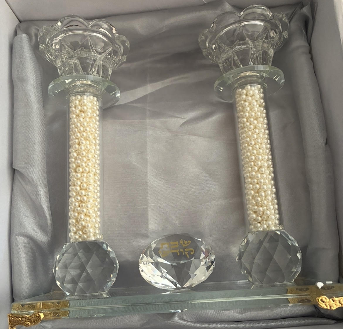Candlestick - Crystal & Pearl Shabbat Set with Gold Tray