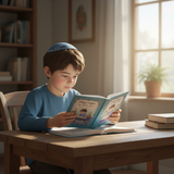 Young boy reading First Siddur at table